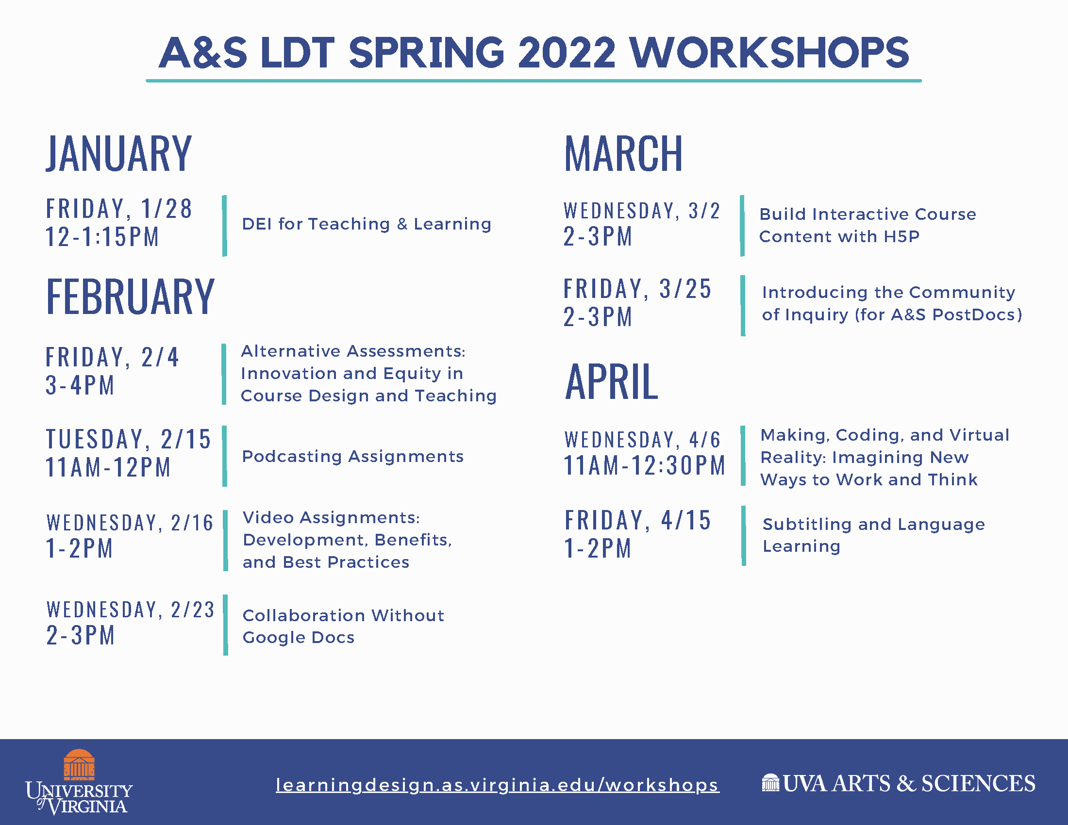 Spring 2022 Workshop Schedule