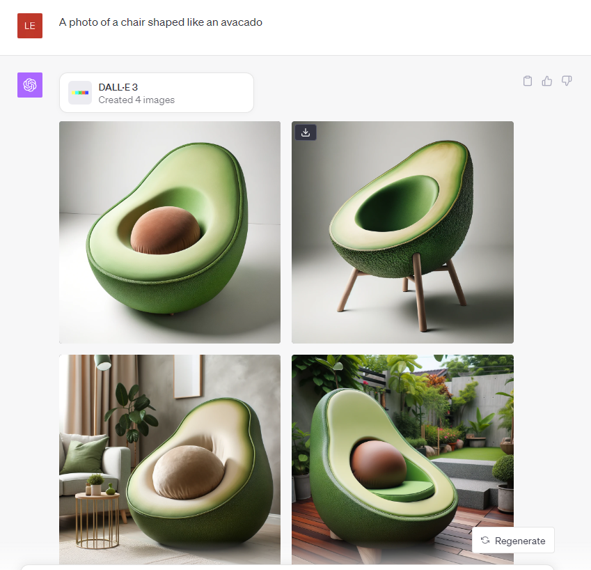 a screenshot of an image of a chair shaped like an avacado generated by Dall-E 3 AI