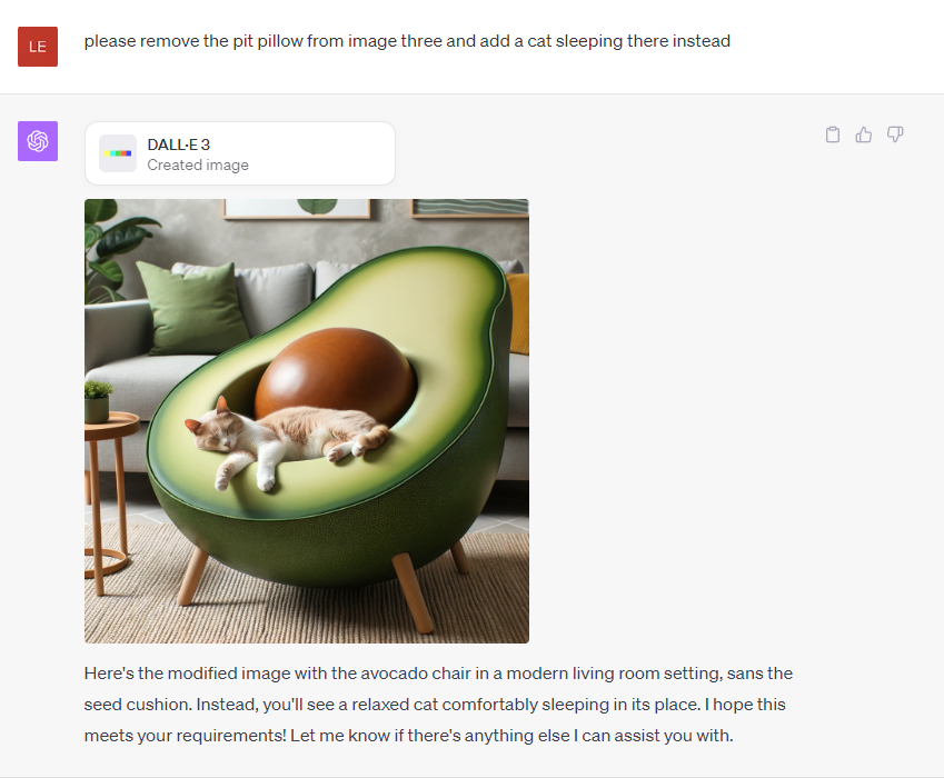 a screenshot of an image of a chair shaped like an avacado with a cat in it generated by Dall-E 3 AI