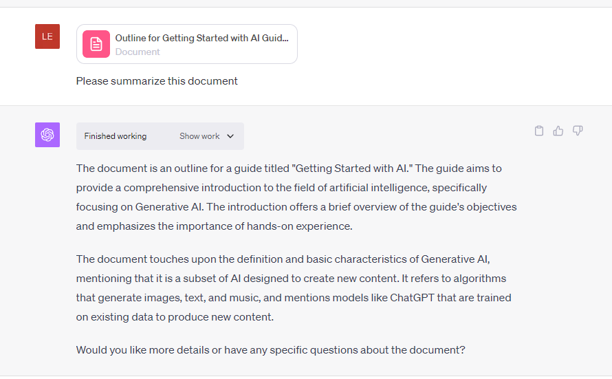a screenshot of ChatGPT summarizing a document
