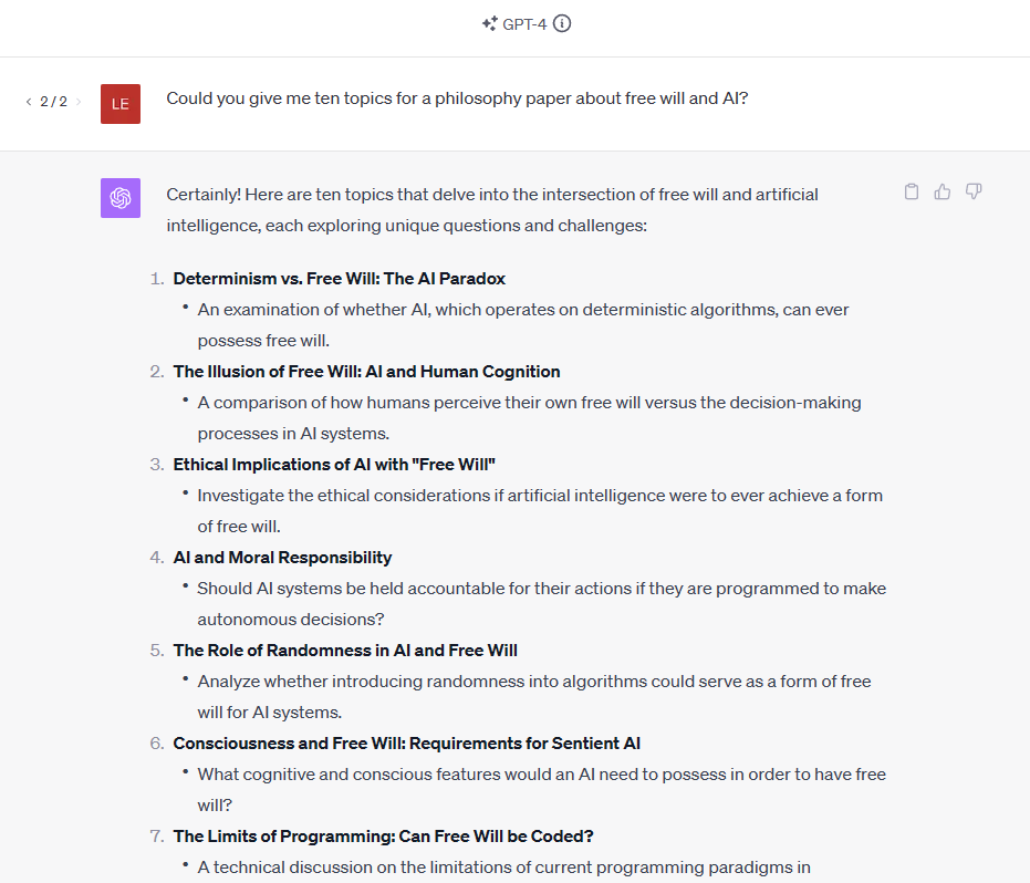 a screenshot of ChatGPT generating philosophy paper topics