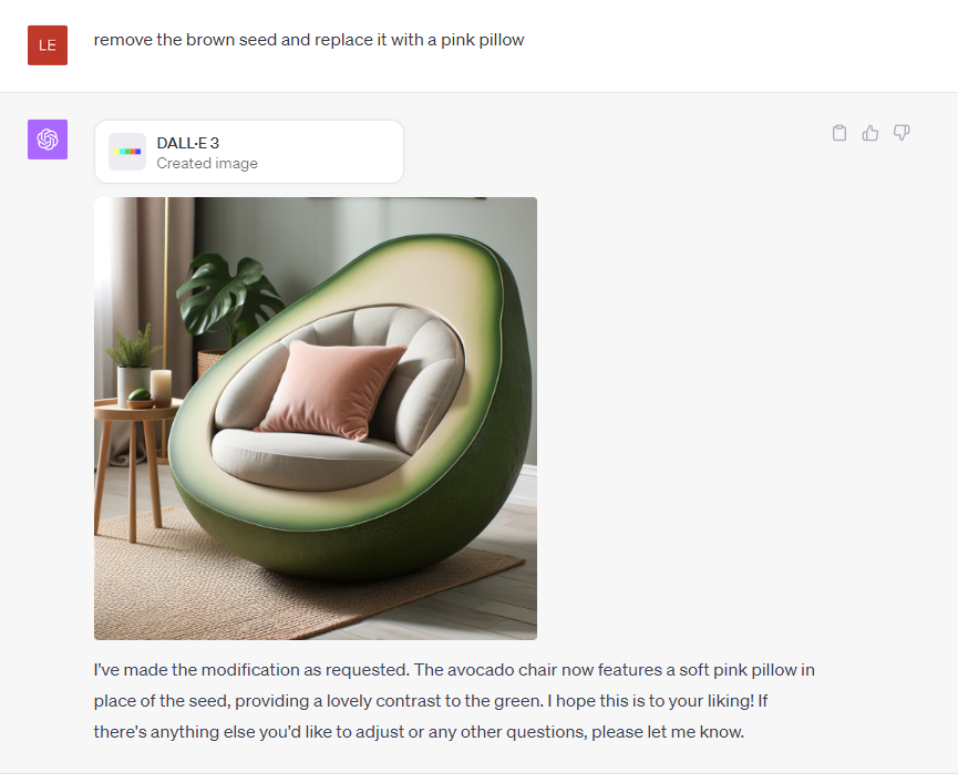 a screenshot of an image of a chair shaped like an avacado with a cat and a pink pillow in it generated by Dall-E 3 AI