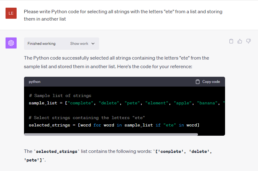 a screenshot of ChatGPT writing Python code